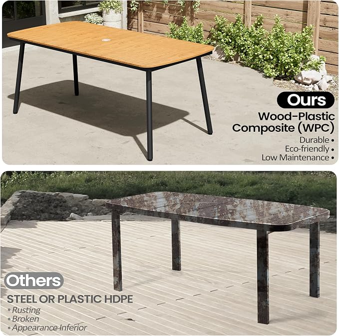 70" Outdoor Dining Table for 6, Brown Patio Table | 1.6" Umbrella Hole Rectangle Table with Aluminum Frame and Waterproof Wood Grain Tabletop for Lawn Backyard Garden Poolside