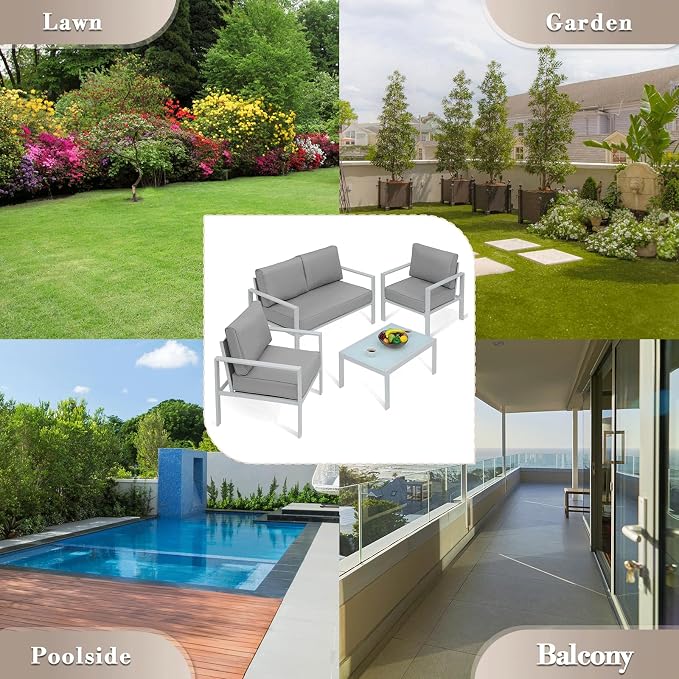 Athena Collection 4 Pieces Outdoor Patio Furniture Set, Metal Outdoor Table and Chairs Loveseat with Cushion, Patio Sofa Conversation Set Balcony Furniture for Garden, Porch, Backyard, Grey