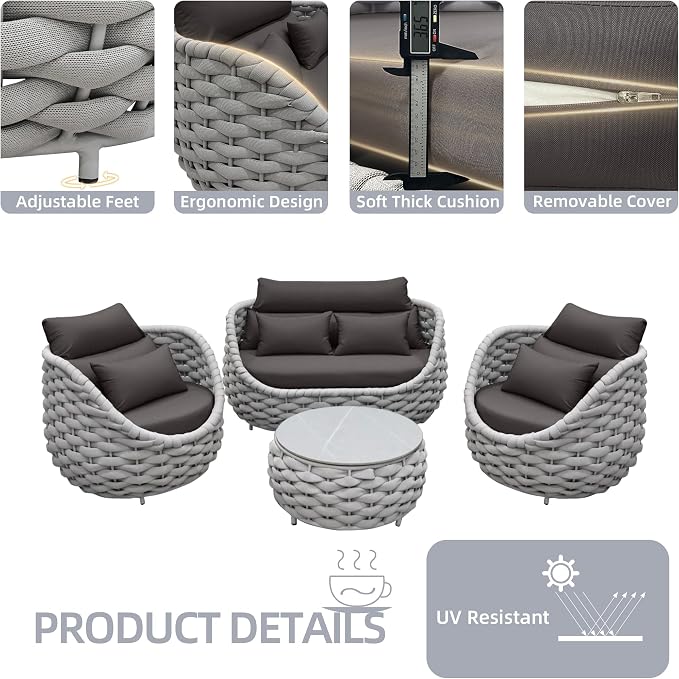 TWT 4 Pieces Aluminum Patio Furniture Set, Modern Outdoor Patio Furniture with Coffee Table, No Assembly Required Outdoor Conversation Set with Dark Grey Cushions for Balcony, Porch, Lawn