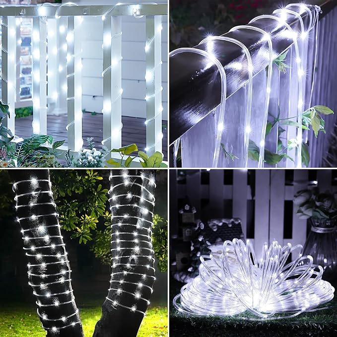 Solar Rope Lights, 2 Pack Total 66ft 200LED Solar String Lights, 8 Modes Waterproof Solar Outdoor Light, Flexible Clear Trampoline Light for Garden Yard Patio Deck Porch Pool Tree Decor - White