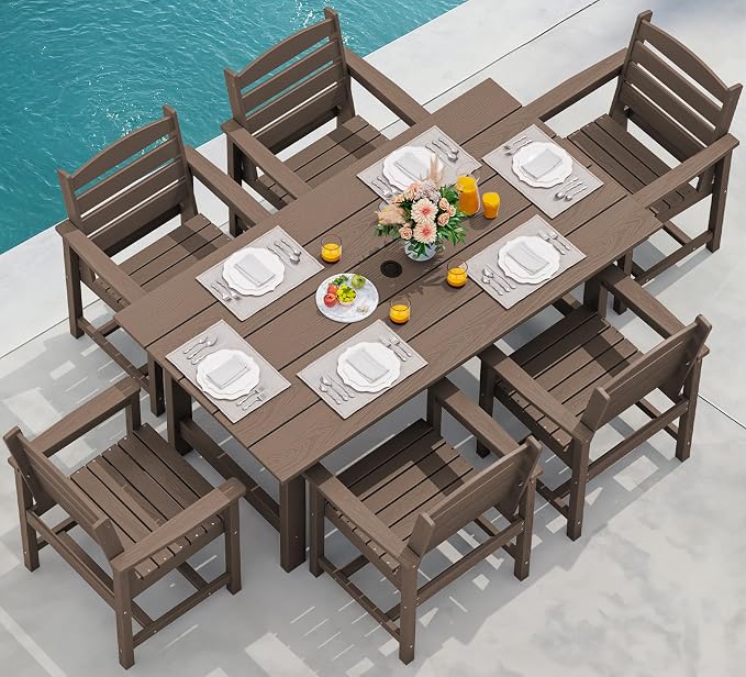 SERWALL 7 Pcs Outdoor Dining Set, 1 Umbrella Hole Table & 6 Chairs, Coffee | HDPE Outdoor Dining Furniture with Rectangular Table & 6 Chairs, All-Weather Resistant SERWALL Dining Set for 6