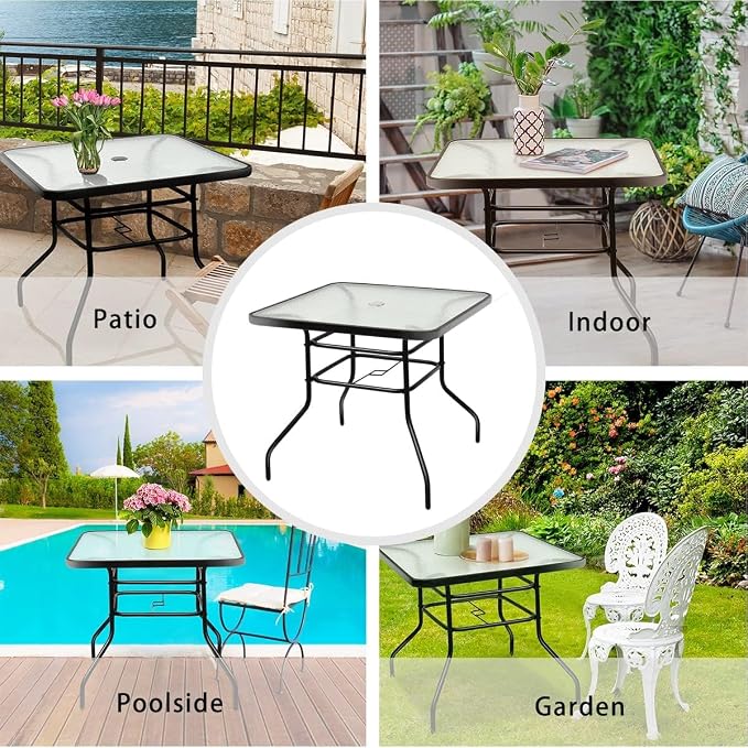32in Outdoor Table Patio Dining Table Outdoor Dining Table with Umbrella Hole Square Tempered Glass for Yard Bistro Lawn Balcony (Black, Square 31x31x28in)