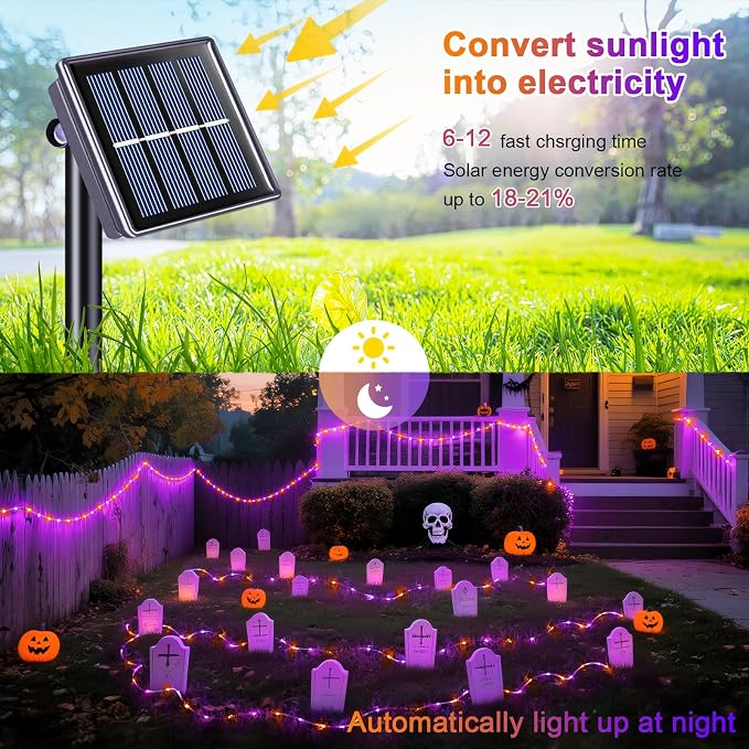JMEXSUSS 66 ft 200 LED Orange and Purple Halloween Solar Lights | Purple Christmas Rope Lights Outdoor Waterproof, Orange Halloween Lights for Halloween Fall Party Tree Christmas