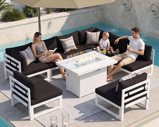 RADIATA 9 Piece Luxurious Aluminum Patio Furniture Set with Fireplace, 500 lbs Durable Outdoor Sectional Sofa, 29" Deep and Wide Big Seats, U Shaped Combo Conversation Couch for Outside Deck, Black