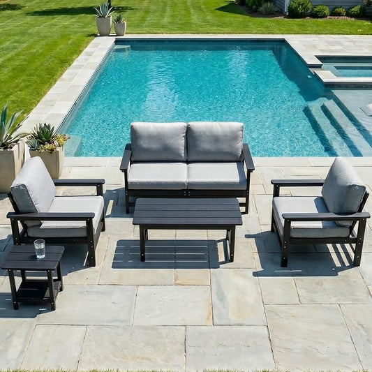 HDPE Outdoor Patio Furniture Set, 6-Piece Sofa Set with Loveseat Couch, 2 Armchairs,Side Table & Coffee Table, Weatherproof Conversation Set with Cushions,for Garden, Porch & Backyard
