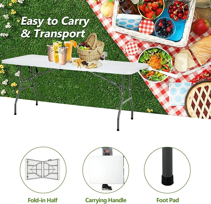 6ft Folding Table Portable Plastic Outdoor Table,Camping Multipurpose Rectangle Fold Up with Handle,Lock for Picnic, Party, Dining, Camping, Beach, BBQ, No Assembly