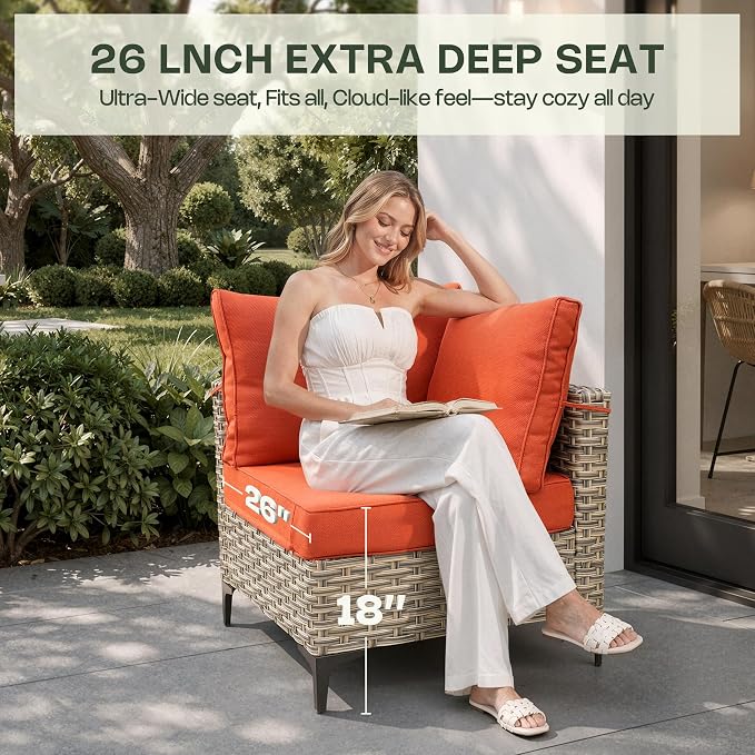 8 Pieces Patio Furniture Set, Outdoor Conversation Set with 360° Swivel Rocker Chairs, Wicker Sectional Sofa & Solar Powered Lighted Table, High Back Outdoor Furniture for Backyard Porch, Red