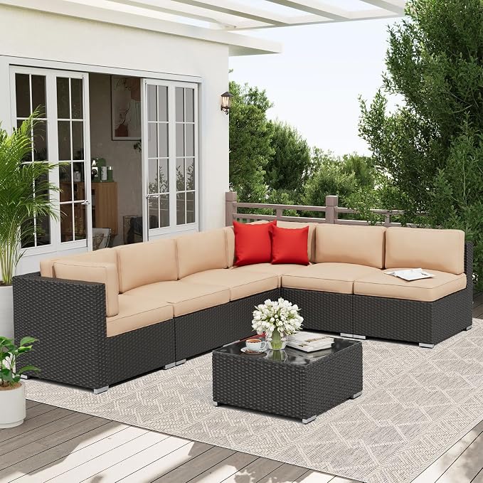 Oakcloud 7-Piece Outdoor Patio Furniture Black Rattan Wicker Sectional Sofa Conversation Set with Glass Top Table and Cushions (Brown)