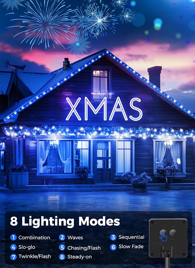 Minetom Solar Christmas Lights Outdoor Waterproof, 40FT 100 LED Solar Light | Solar Christmas Outdoor Decoration with 8 Modes, Solar String Lights for Outside House Tree Yard Garden, Blue & Pure White