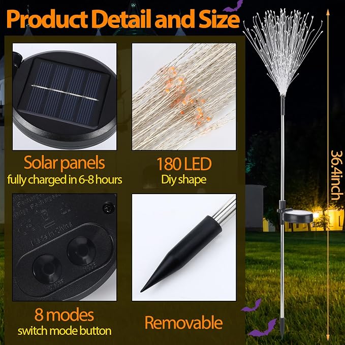 Tujoe Halloween Decoration Outdoor 4 Pack Solar Firework Light with 180 LED Halloween Solar Lights 8 Lighting Modes for Yard Garden Pathway Party Decoration(Green, Orange, Purple)