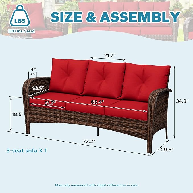 73" Patio 3-seat Sofa, Wicker Rattan Couch, Steel Frame Deep Seat Loveseat, Outdoor Conversation Furniture with Removable Cushions for Garden, Apartment, Front Porch (Red)