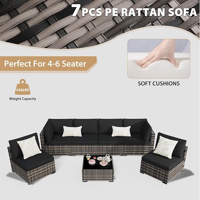 KIGOTY 7-Piece Patio Furniture Set, All-Weather PE Rattan Outdoor Sectional Sofa, Modular Wicker Conversation Set with Thick Cushions & Easy-Clean Coffee Table（Beige Black/Black）