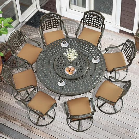 MEETWARM Outdoor 9-Piece Patio Dining Set, All-Weather Cast Aluminum Patio Conversation Set- 8 Cushioned Swivel Rocker, 61" Round Patio Dining Table w/Detachable Lazy Susan/Umbrella Hole, Dark Bronze