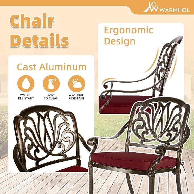 5-Piece Outdoor Patio Dining Set, All-Weather Cast Aluminum Patio Furniture Set for Backyard Garden Deck with 4 Chairs, 4 Cushions and 35.4" Round Table, 2" Umbrella Hole, Red