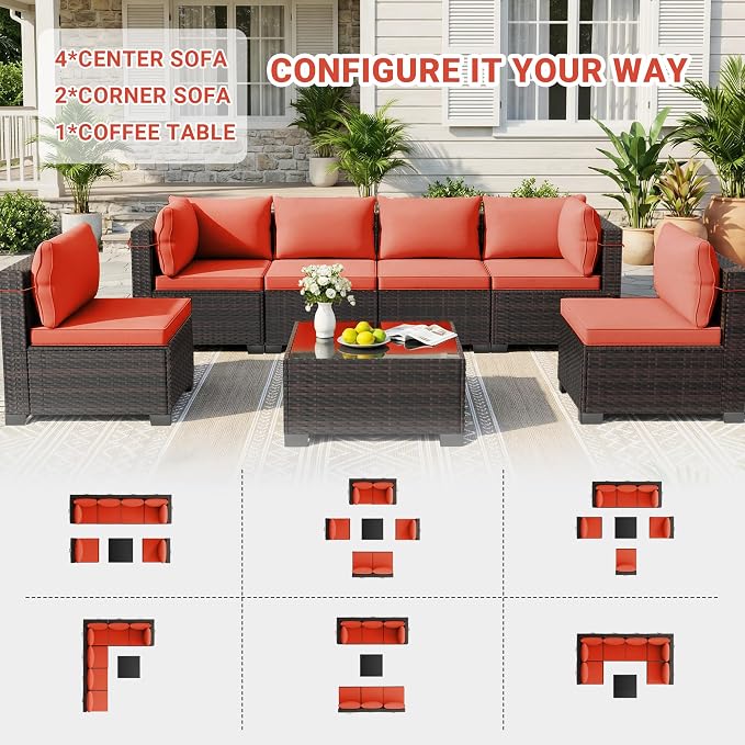 LEVELEVE 7-Piece Outdoor Patio Furniture Sets, Manual Weaving Rattan Conversation Sectional Sofa with Tempered Glass Coffee Table, All-Weather PE Wicker & Thick Cushions for Garden, Backyard, Porch