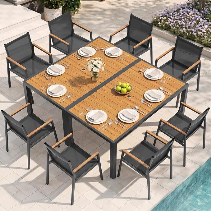 Outdoor Dining Set for 8, Aluminum Patio Table and Chairs Set, 10-Piece All Weather Patio Dining Furniture Set with Umbrella Hole for Backyard, Deck, Poolside (Gray-Teak)