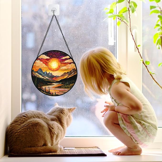 DASTOLL Stained Glass Window Hanging, Dusk Sunset Landscape Sun Catchers Glass Panel Lakes and Mountains Suncatcher Decor for Birthday for Women, Men, Wife, Aunt, and Mom 6.3 in
