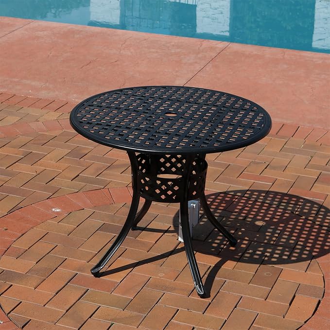 Sunnydaze Decorative Lattice Cast Aluminum Patio Dining Table with Umbrella Hole - 33-Inch Diameter - Black