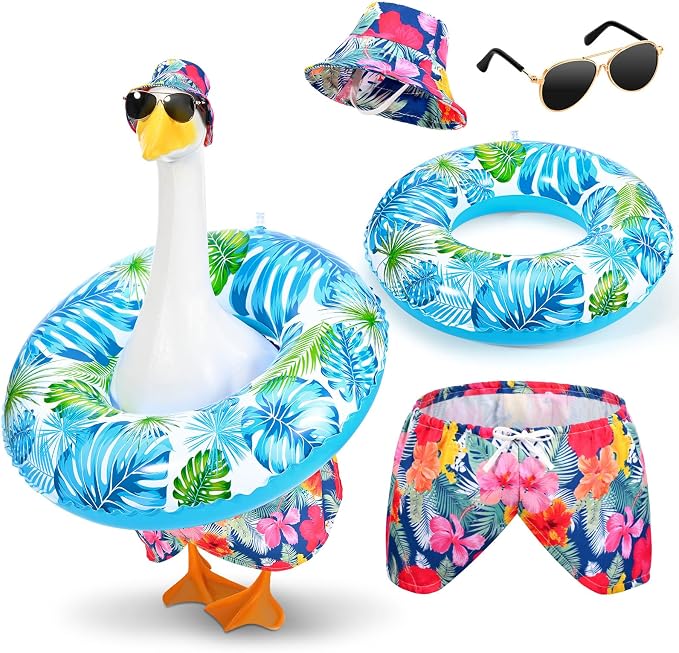 Summer Goose Outfits Porch Goose Hawaiian Outfit Swimming Goose Clothes with Swim Trunks Sun Hat Sunglasses Swim Ring for 23'' Geese Statue Spring Summer Decor (Colorful Tropical Floral)