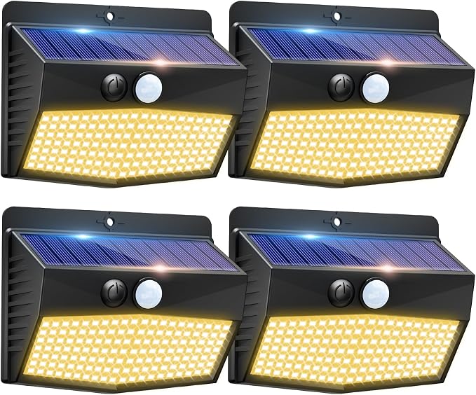 Solar Outdoor Lights, [4 Packs] Motion Sensor Security Lights with 3 Lighting Modes Wall Lights Waterproof Solar Powered Lights for Garden Yard, Warm