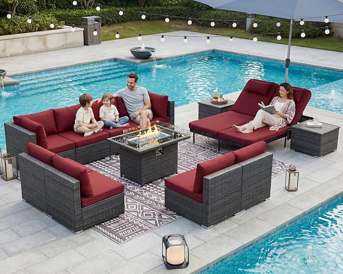 NICESOUL 13 Piece Outdoor Sectional w/Fire Pit Table, Luxury Modular Patio Furniture Set w/Chaise Lounge, Plus 29.3'' High-Back Seating Sofa, All-Weather Deck Couch for Poolside, Yard, Grey & Red