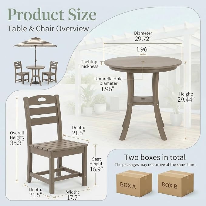 3-Piece Outdoor Round Table Set with Unberalla Hold, Patio Bistro Dining Set, Round Dining Table with 2 Slatted Chairs HDPE All Weather