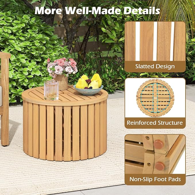 HAPPYGRILL Outdoor Side Table with Umbrella Hole, Acacia Wood End Table with Storage, Removable Base, Patio Storage Box for Backyard, Balcony, Poolside (Round)