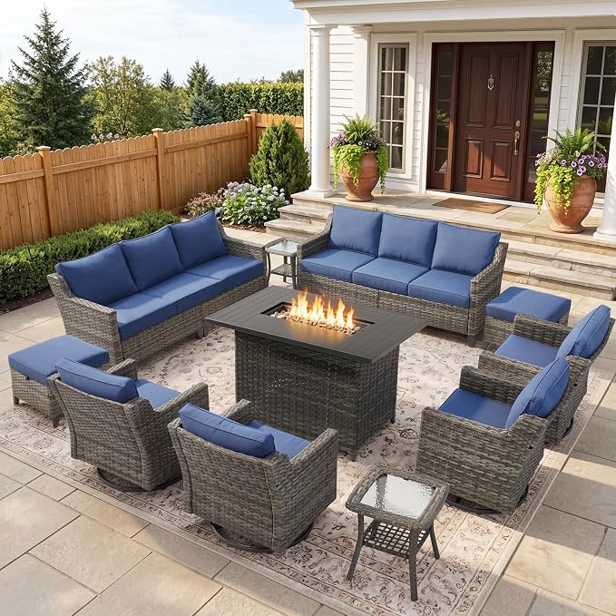 Belord Patio Wicker Swivel Rocker Patio Chairs with 3-Seater Sofa and 42.5" Fire Pit Table, Outdoor Furniture Set for Deck Porch Poolside, 11 Piece Patio Conversation Furniture Set,Blue