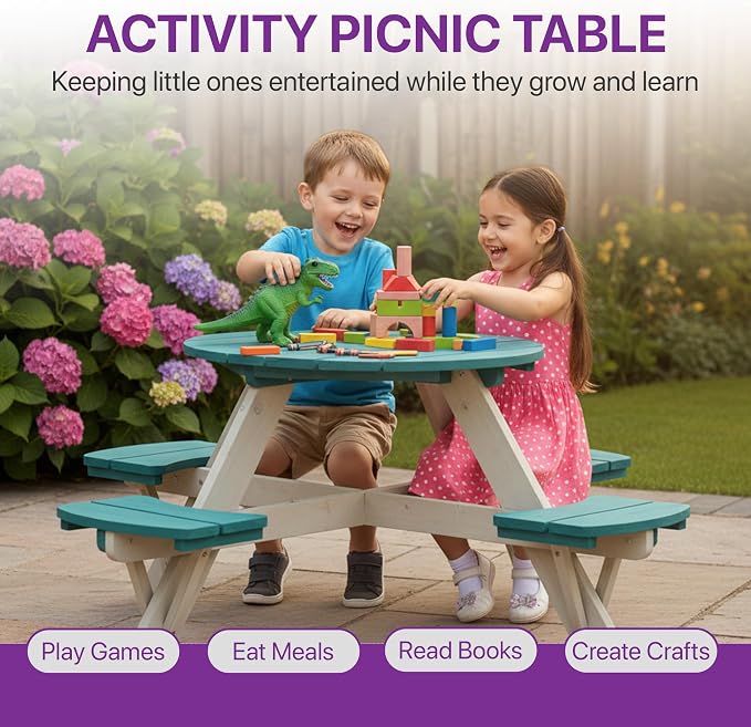 Plum® Kids Picnic Table - Wooden Toddler Table and Chairs Set, Outdoor Furniture for Patio, Garden, Backyard Dining & Activity, 4 Built-in Benches, Sturdy, Durable, Weatherproof, Ages 3+, Teal