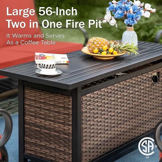 PHI VILLA Patio Furniture Set with 56" Fire Pit Table, Metal Frame Outdoor Conversation Sets, Wicker Patio Sectional Sofa Set with Ottomans for Porch, Deck, Poolside(6 Pieces, Red)