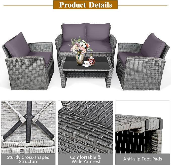 COSTWAY 4 Pieces Patio Rattan Furniture Set, Outdoor Wicker Sofa Set with Tempered Glass Coffee Table, Cushions, All Weather Rattan Conversation Set for Yard Balcony Backyard Pool (Grey)