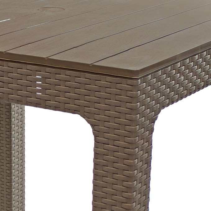 Sunnydaze Plastic Square Patio Table with Umbrella Hole - Faux Woodgrain Top - Indoor or Outdoor Use - Champagne - 29.5" H