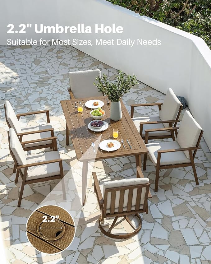 Never Rusts Outdoor Patio Dining Table for 6, 63.8"x34.8" Outdoor Aluminum Dining Table with Umbrella Hole, 6 Person Patio Furniture Dining Table for Garden, Backyard, Porch, Teak