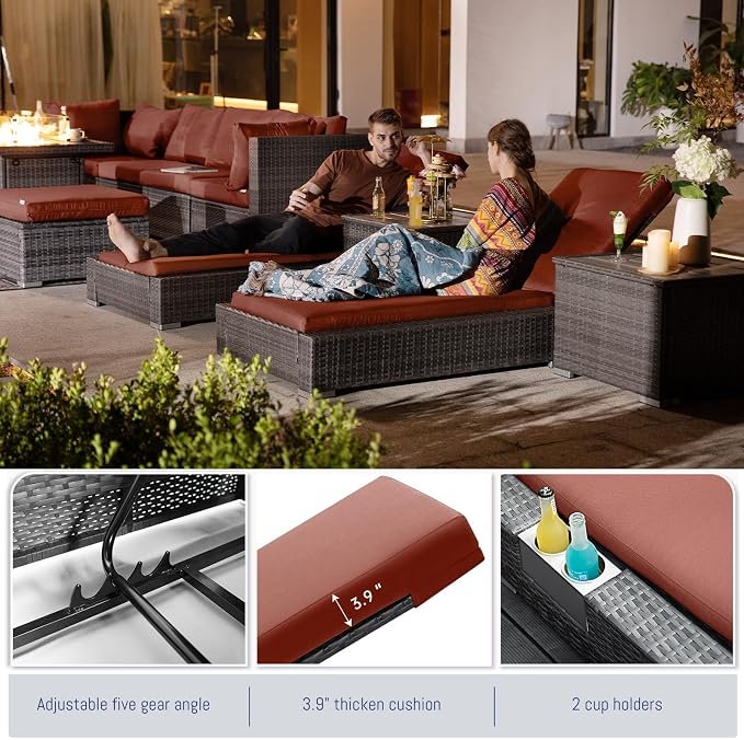 BULEXYARD 13 Piece Large High Back Grey Rattan Patio Furniture Set with Fire Pit Table and Lounge Chaise, Luxury Comfy Deep Wide Seat Outdoor Sectional Conversation Sofa, Gray Wicker and Red Cushion