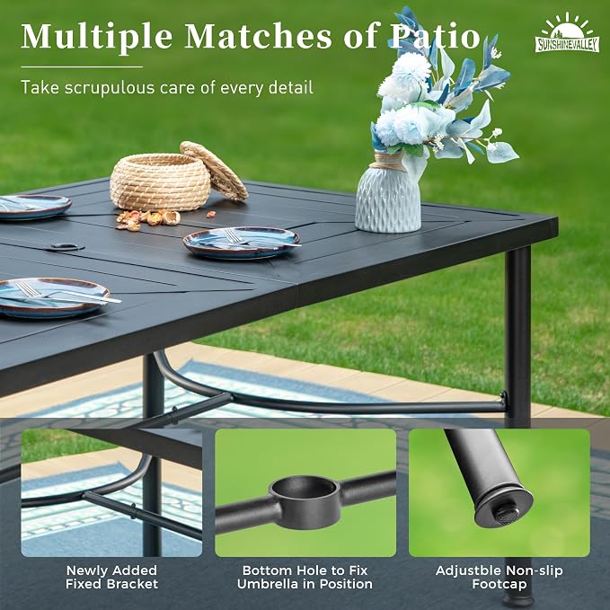 SUNSHINE VALLEY 64" x 39" x28.5" Patio Dining Table ，Rectangular Steel Outdoor Dining Table for Garden Backyard Lawn Yard Furniture, Steel Frame with 1.57" Umbrella Hole