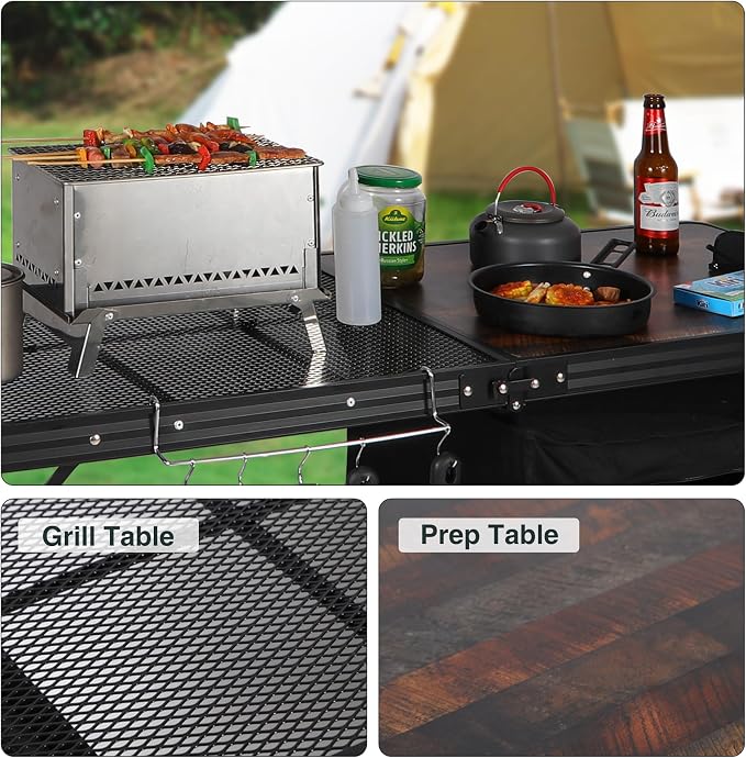 REDCAMP Portable Camping Kitchen Table with Sink, 4ft Folding Camping Grill Table with Storage Organizer and Telescoping Light Stand, Outdoor Cooking Station for BBQ, Party and Picnic