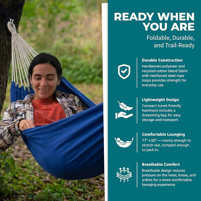 Bliss Hammocks 60" W Double Outdoor Hammock with Hand-Woven Rope Loops & Tree Straps, Patio, Durable, Cotton/Polyester, 265 Lbs Capacity, Dark Blue
