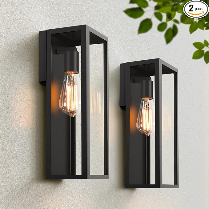 VerRon Outdoor Black Wall Light Fixtures, Modern Exterior Wall Lanterns | Anti-Rust E26 Modern Lighting Fixtures Waterproof with Clear Glass Shades for Patio Garage Entryway Front Door, 2-Pack