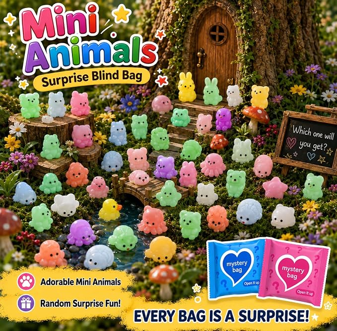 100 PCS Mystery Bag Animal Mochi Squishy Toys, Mini Blind Bags Bulk Cute Kawaii Sensory Fidget Surprise Toys for Kids, Classroom Prizes, Party Favors, Treasure Box Rewards, Goodie Bag Stuffers