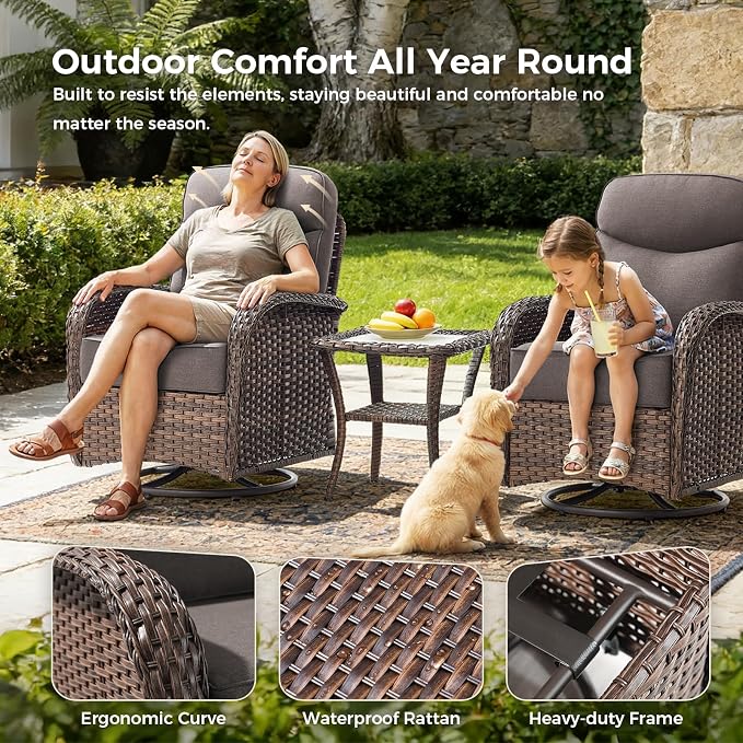 Luxury Patio Furniture Set with Fire Pit Table, Outdoor Furniture Set with High Back Swivel Chairs & 6-inch Thick Cushions, 7 PCS Fire Pit Patio Set for Yard, Deck, Poolside, Brown/Grey
