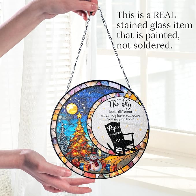 Personalized Memorial Stained Glass Suncatcher — “Forever in Our Hearts” Christmas Ornament, in Loving Memory Gift, Custom Photo Remembrance Keepsake for Loss of Loved One