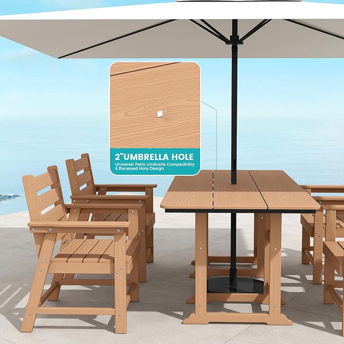 7-Piece Dining Set, HDPE Table & 6 Chairs,Cedar | HDPE Dining Set: 69.1" Table + 6 Chairs, 380 lbs, 304 Stainless, All-Weather, No Rust No Crack, Outdoor Patio Garden