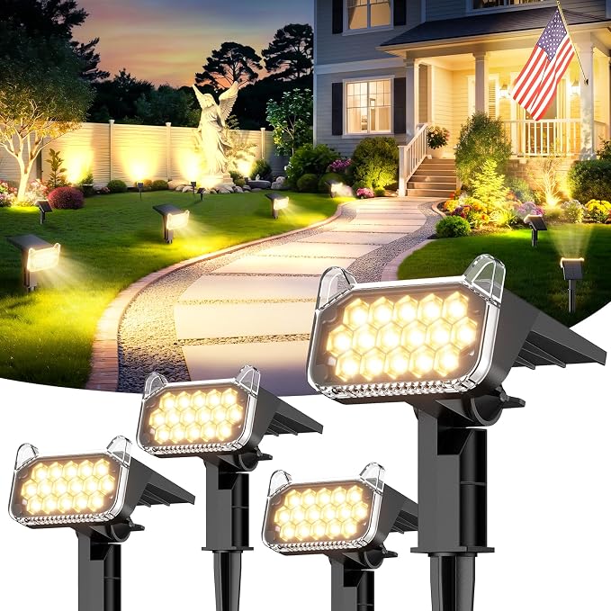 Solar Spot Lights Outdoor Waterproof IP65, Super Bright LEDs with Lens, 2 Lighting Modes, 2 in 1 Auto On/Off Solar Powered Spotlights for Outside Landscape Holiday Decor, 4 Pack, Warm White