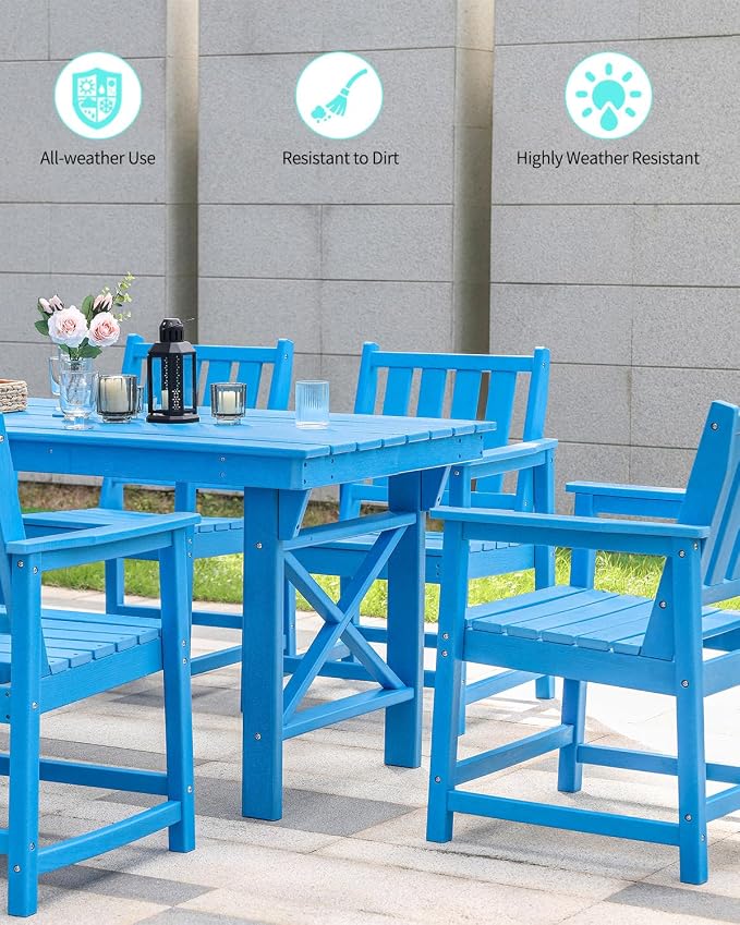 7-Piece Patio Dining Table Sets, Outdoor HDPE Dining Furniture Set Umbrella Hole Cut-Out Table and 6 Chairs for Backyard, Lawn, Deck and Poolside, Blue