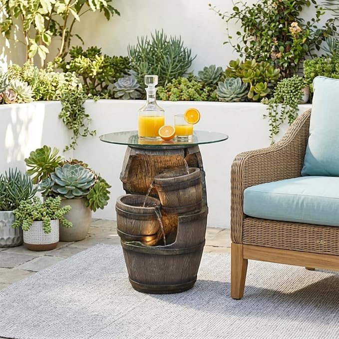 Barrel Side Table with Glass Top & 3-Tier Waterfall – 22.8" Tall Rustic Resin End Table with LED Fountain for Patio, Garden, Living Room, Home Bar
