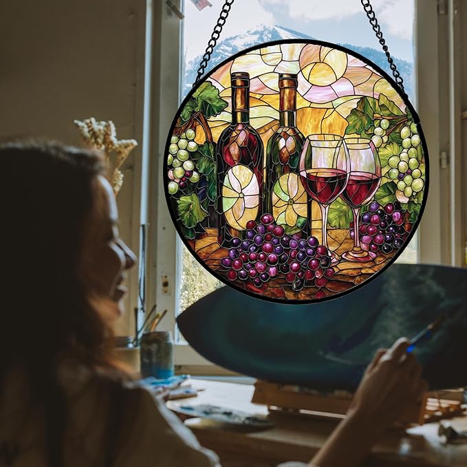 DASTOLL Stained Glass Window Hanging, Grapes and Wine Suncatcher Diamond Glass Panel Hangings Sun Catchers Decor for Birthday for Women, Men, Wife, Aunt, and Mom 14.9x14.9 in