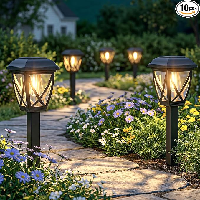 Solar Pathway Lights Outdoor 10 Pack, Warm White | Auto On/Off Waterproof Energy Saving LED Landscape Outside Lights for Garden Yard, Walkway, Driveway Decor