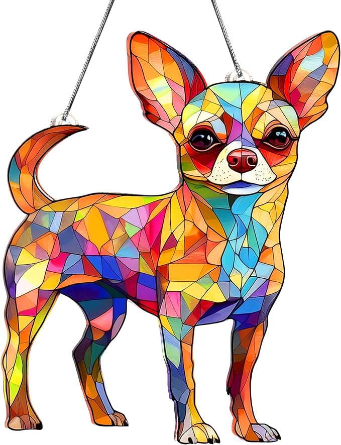 Chihuahua Gifts for Women, Colorful Chihuahua Ornament for Window Hanging | 5"x5.9" Acrylic Suncatcher Ornament Faux Stained Glass, Dog Lovers Gifts for Women, Dogs Christmas Ornaments for Tree Hanging