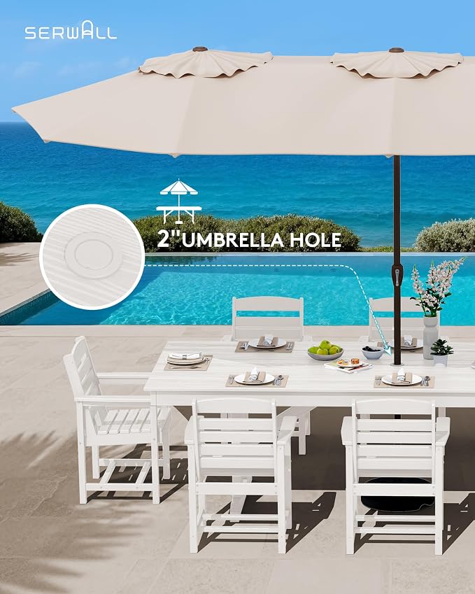 SERWALL 9 Piece 84" HDPE Outdoor Dining Set for 8 with Textilene Chairs and Umbrella Hole, White