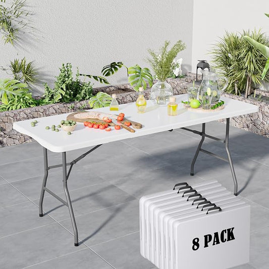 Folding Table 6FT, No Assembly Required Outdoor Picnic Table Thickened HDPE Panel, Office Foldable Table with Handle & Lock for Parties Wedding Camping (White, 8 Pack)